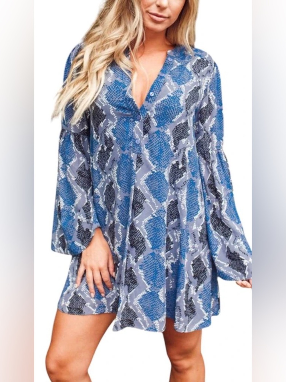 Buddy Love Blue Gray Black‎ Snakeskin Print Bell Sleeve Shirt Dress